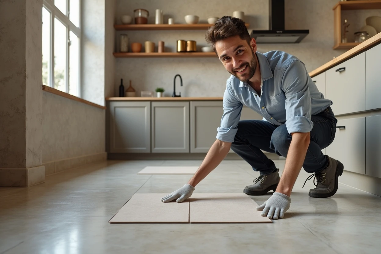 Cerámica antideslizante en el piso de una cocina